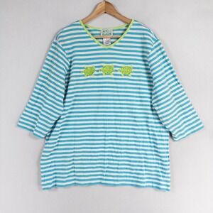 Vintage Quacker Factory Top Shirt Women 1X Blue White Stripe Embroidered Turtles